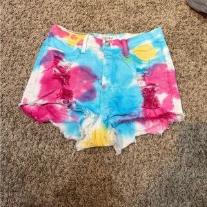 Vibrant Distressed Tie-Dye Jean Shorts - Pink, Blue, Yellow